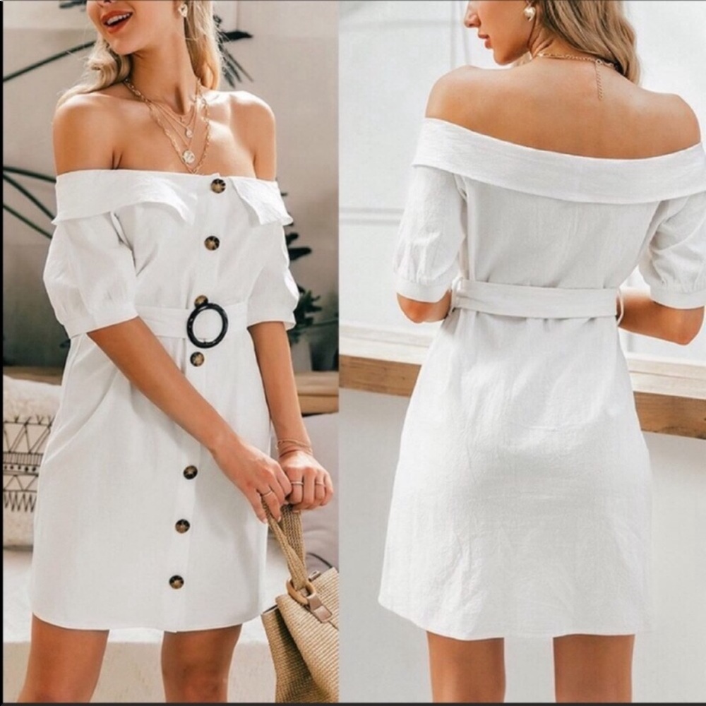 Off-The-Shoulder White Bodycon Mini Dress - Picture 4 of 7